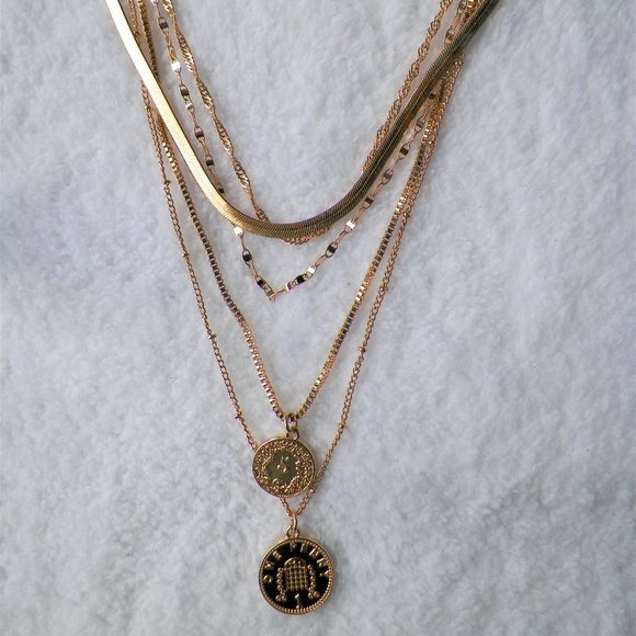 NWT Gold British UK Faux Coins Multilayer Chains Necklace Forever 21 - Picture 4 of 9